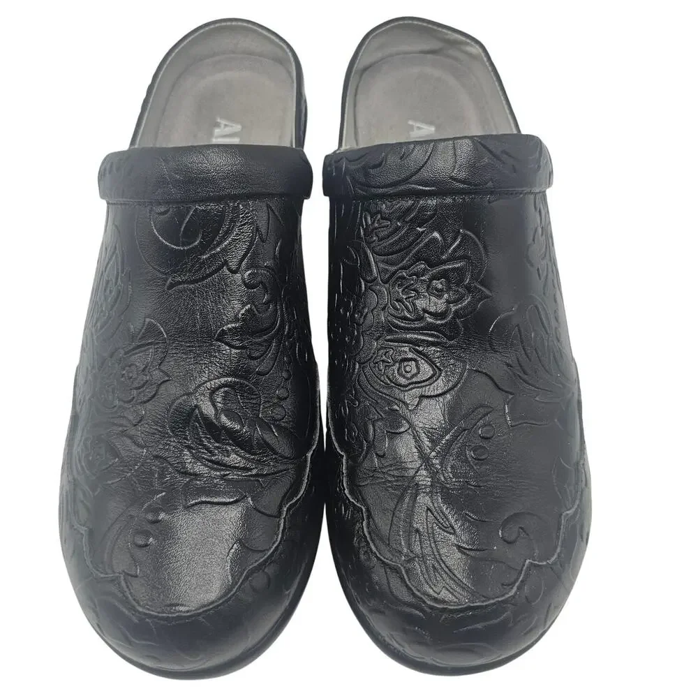 Alegria Isabelle Yeehaw Black Tooled Leather Western Style Clogs EU 39 / US 9